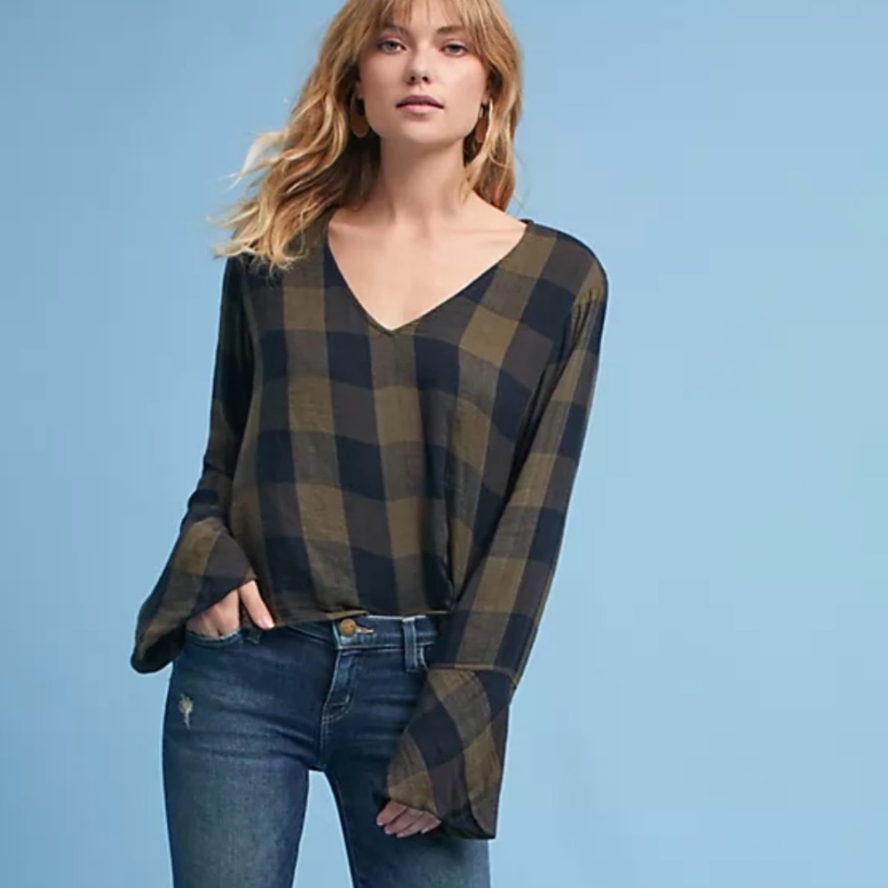 Cloth and Stone Anthropologie Buffalo Plaid Bell Sleeve Top